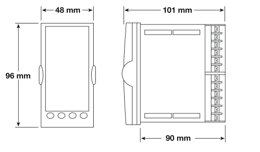 SX90 front and side dimensions showing 48 mm width, 96 mm height, 101 mm overall depth and 90 mm rear-body dimension