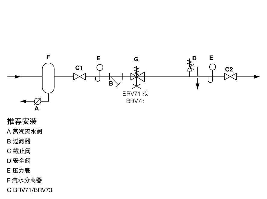 Recommended horizontal BRV71 installation arrangement with separator, filter, isolation valves, pressure gauges and safety valve