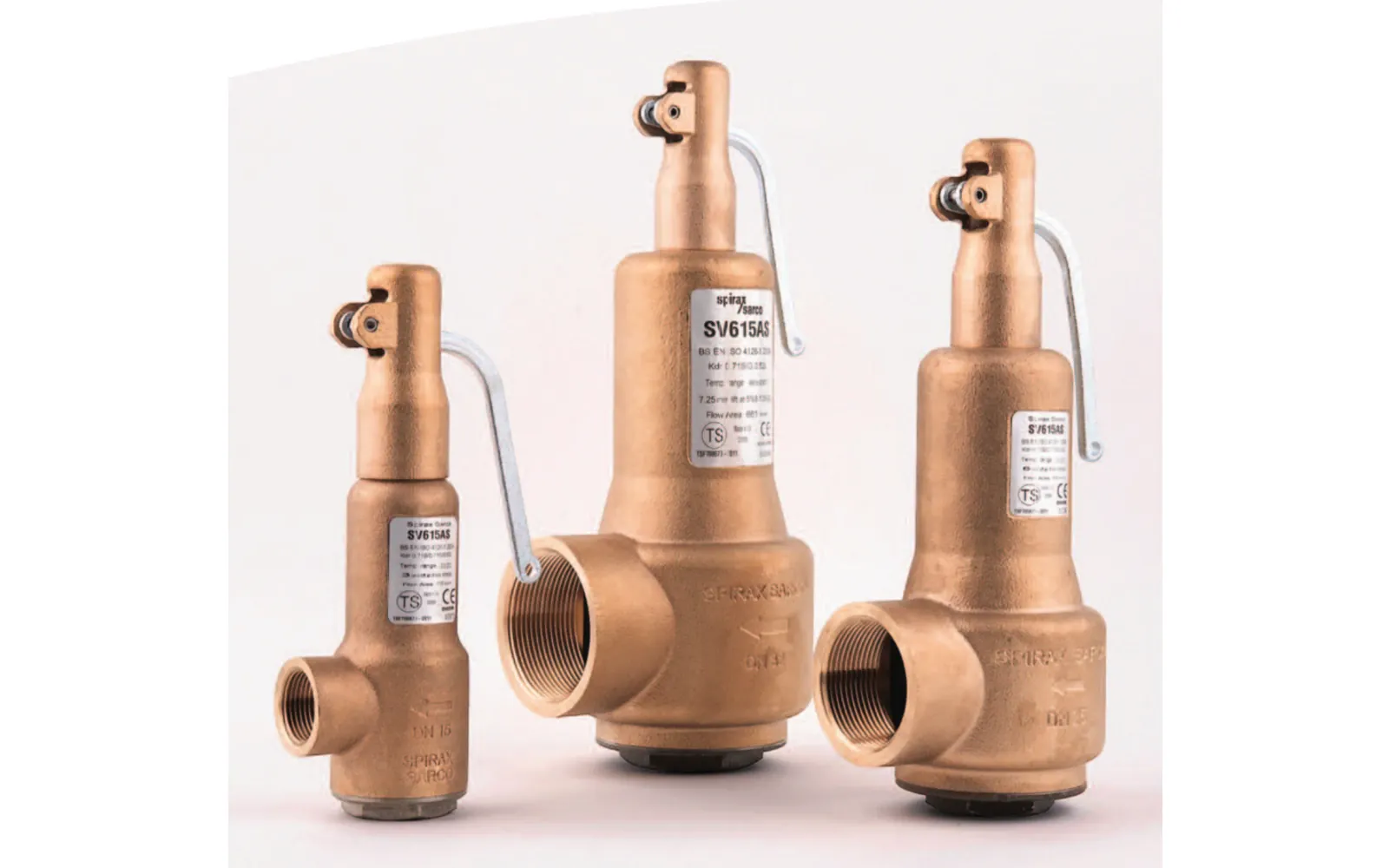 Official SV615 safety valve family photograph showing three bronze screwed safety valves
