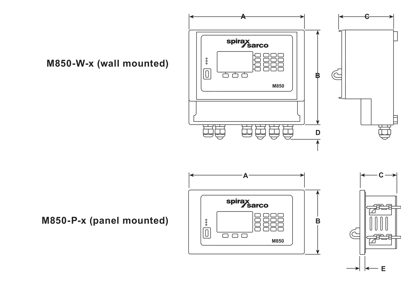Gambar dimensi komputer aliran M850-W yang dipasang di dinding dan M850-P yang dipasang pada panel