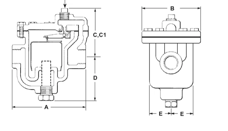 B1H inverted bucket steam trap dimension drawing with dimensions A, B, C, C1, D and E