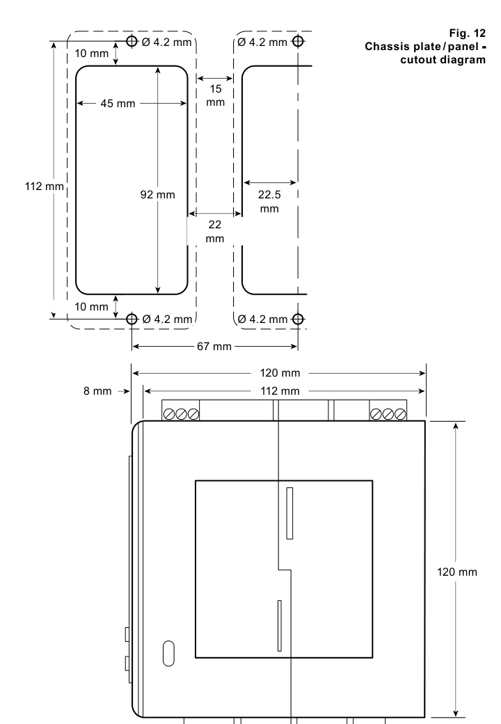 LC2650 chassis plate and panel cutout diagram with 45 mm by 92 mm cutout and 4.2 mm mounting holes