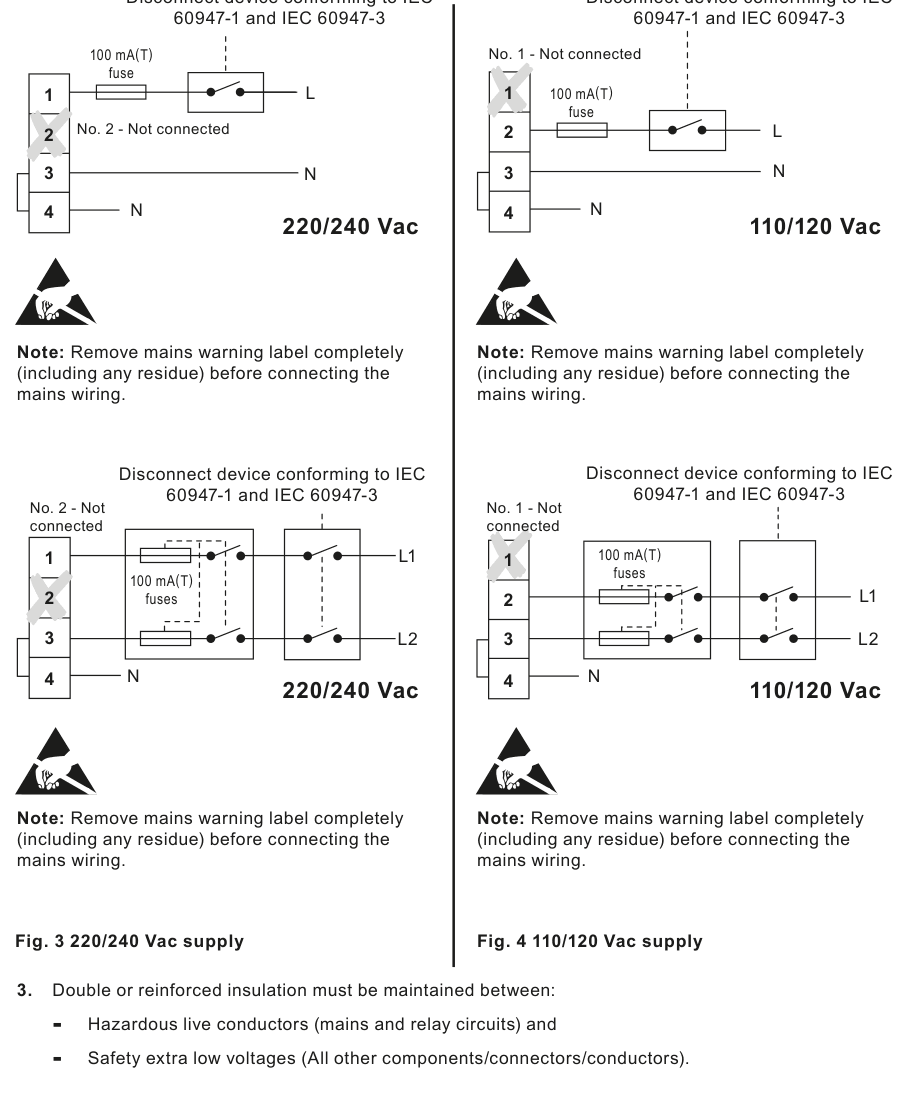 Schémas de câblage secteur 220/240 Vac et 110/120 Vac du LC3050