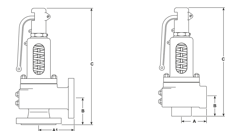 Desenho da válvula SV73 mostrando conexões de entrada e saída roscadas e flangeadas com dimensões gerais