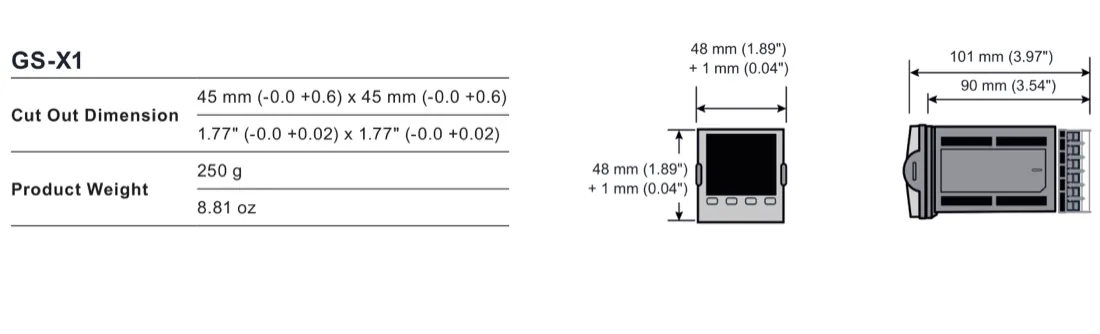 GS-X1 ขนาดตัวควบคุม PID ที่ตั้งโปรแกรมได้ 45 x 45 ส่วนตัดแผงมิลลิเมตร, 48 ด้านหน้าเป็นมิลลิเมตร และความลึกด้านหลังประมาณ 90