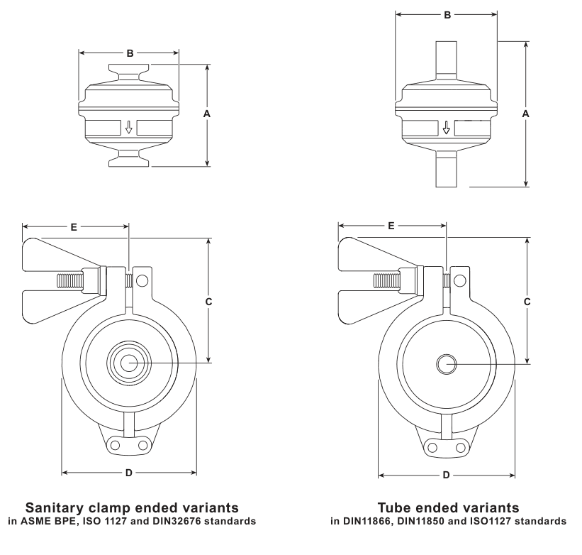 Các bản vẽ kích thước của BT6-BH cho các biến thể đầu kẹp vi sinh và đầu ống, với các kích thước từ A đến E